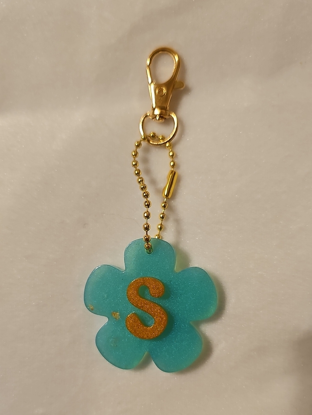 Teal and Orange Flower Keychain with 'S' Initial